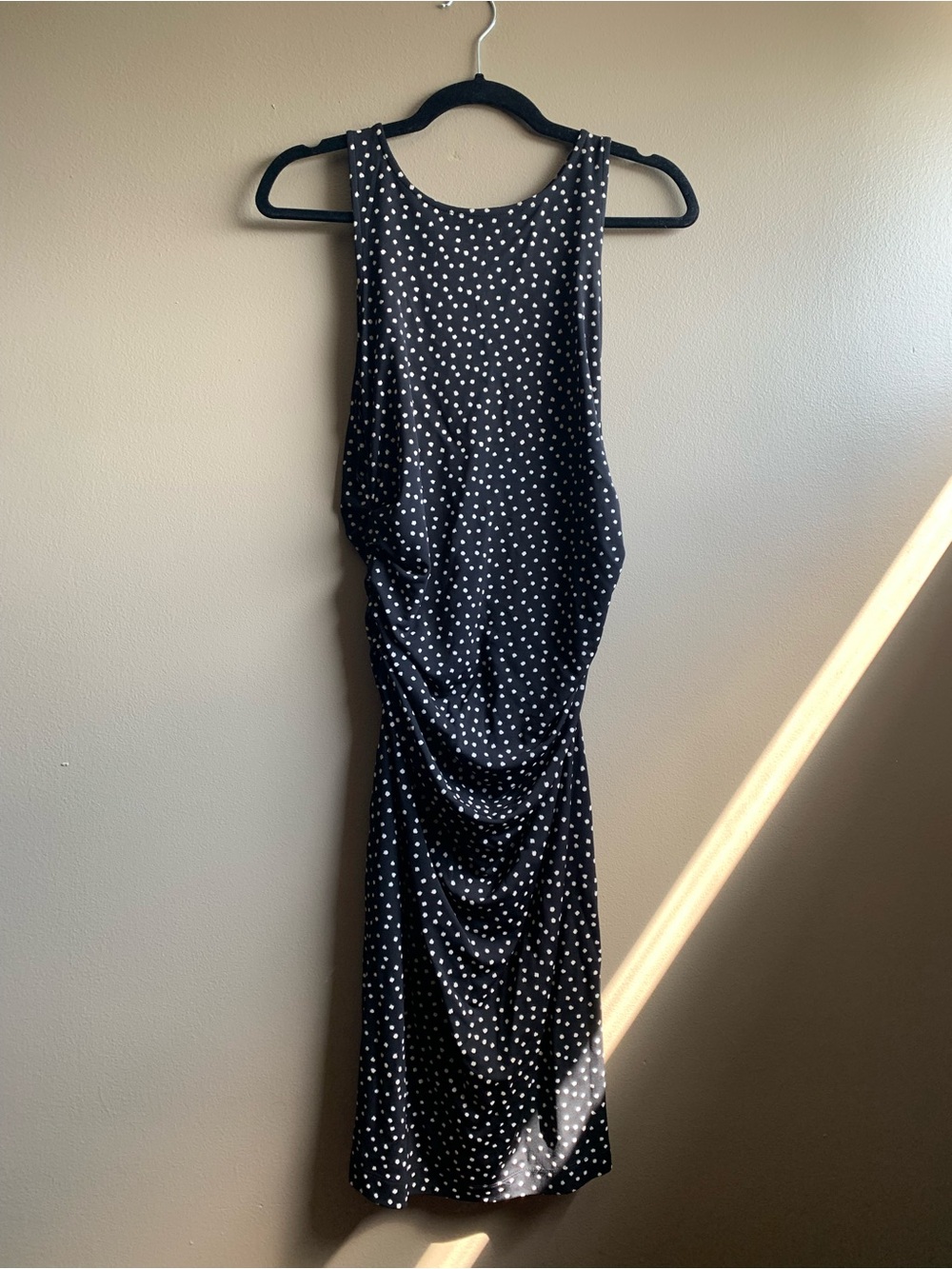 Ann Taylor Black Polka Dot Sleeveless Stretch Ruched Midi Dress Size 6
